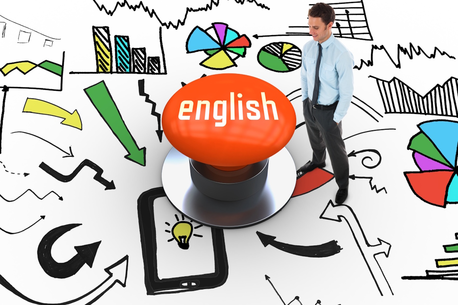 Illustration - Un jeune homme se tient debout devant un bouton 