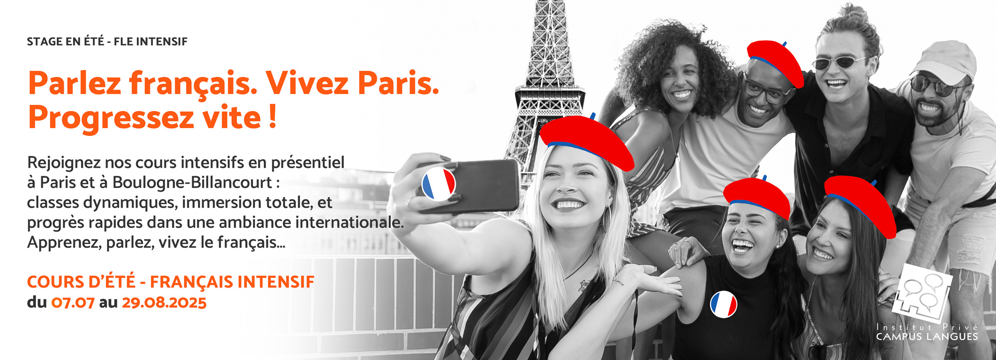 Illustration - Cours d'été Français intensif à à Paris et à Boulogne-Billancourt :  classes dynamiques, immersion totale, et progrès rapides dans une ambiance internationale.