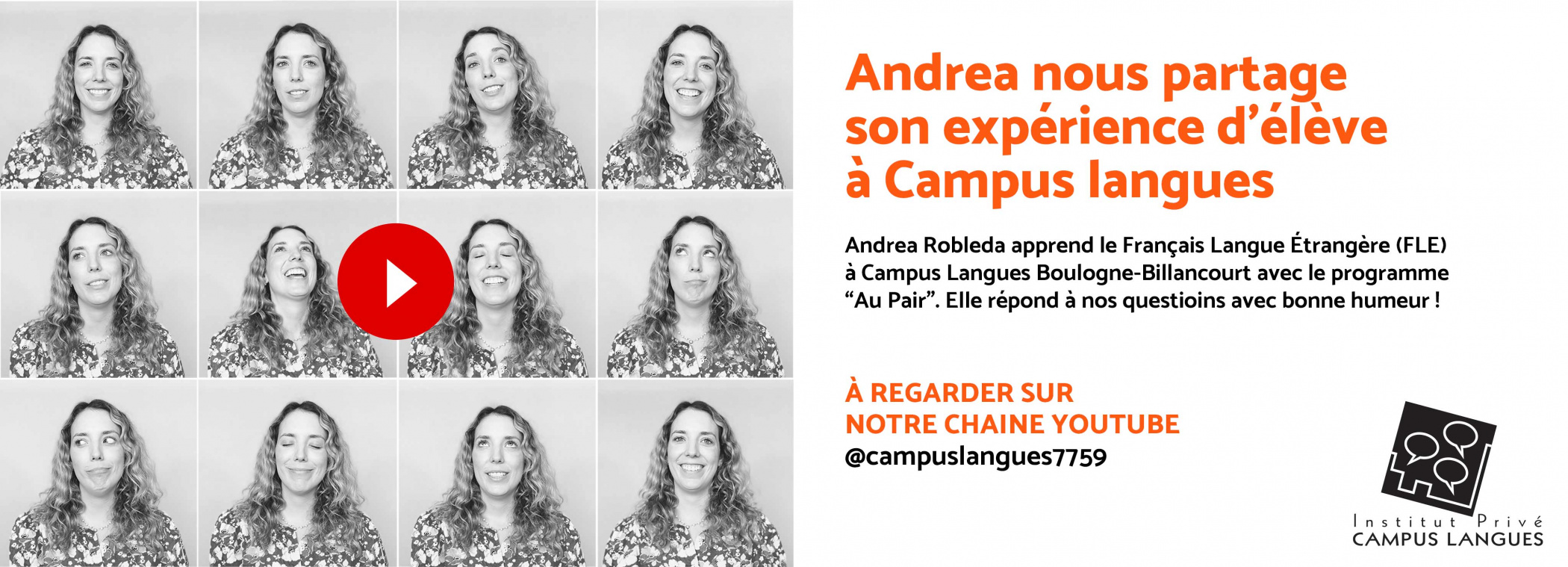 Illustration - Andrea nous partage son expérience d'élève à Campus Langues. A regarder sur notre chaine YOUTUBE https://www.youtube.com/@campuslangues7759