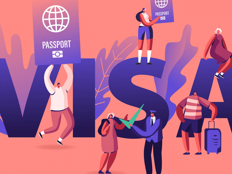 Illustration du mot "Visa" avec des personnages portant des passeports et des documents approuvés